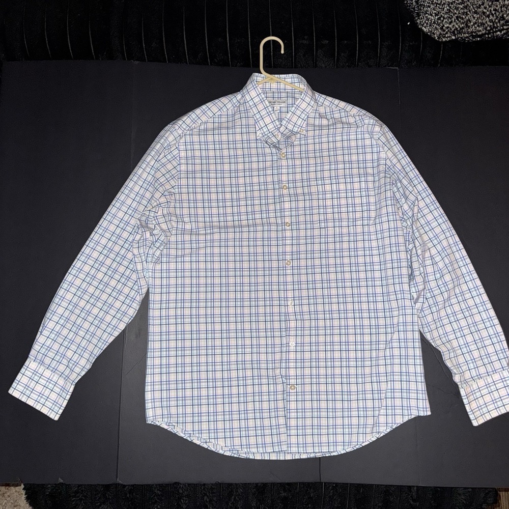 Men's Large Peter Millar Woven Blue Plaid Long Sleeve Button-Down Shirt Size